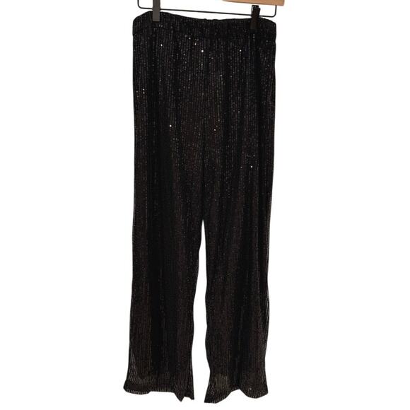 Black Sequin Wide Leg Party Pants Women’s L Sparkly Evening Holiday NYE Dancing - Picture 2 of 7